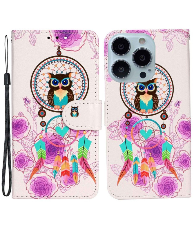 Housse iPhone 14 Pro hibou et capteur de rêves colorés