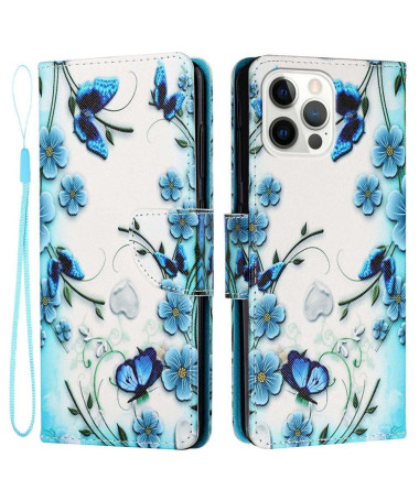 Housse iPhone 14 Pro Max Fleurs bleues et papillons