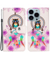 Housse iPhone 15 Pro hibou et capteur de rêves colorés
