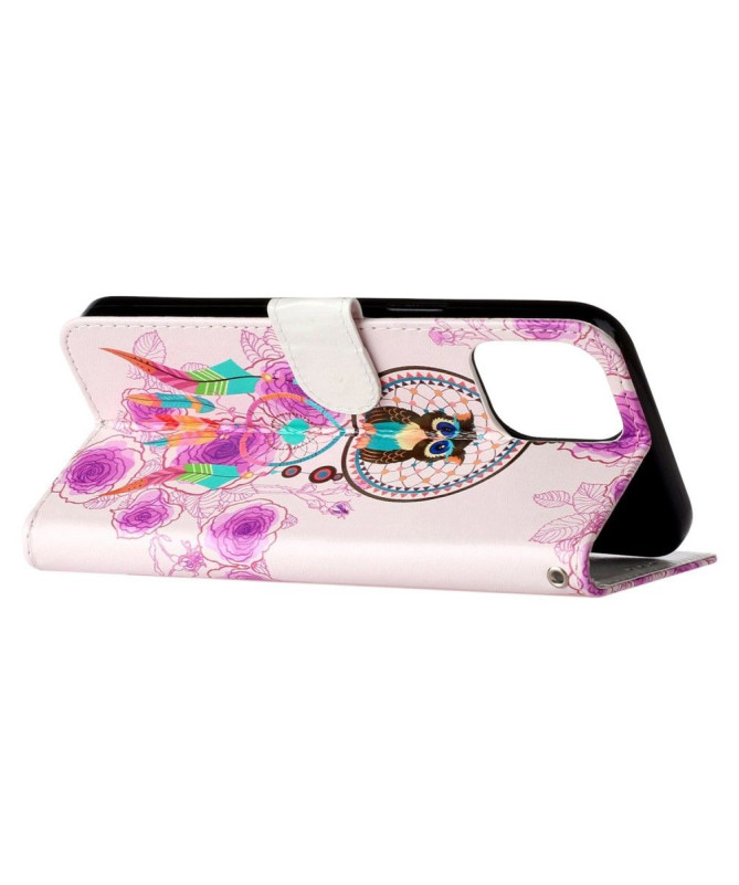 Housse iPhone 15 Pro hibou et capteur de rêves colorés