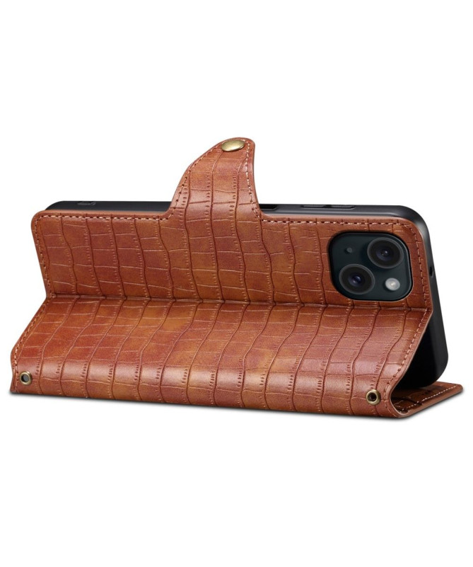 Housse iPhone 15 Plus Portefeuille avec Texture Crocodile