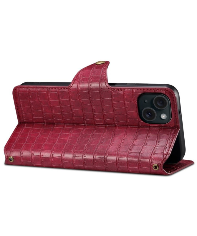 Housse iPhone 15 Plus Portefeuille avec Texture Crocodile