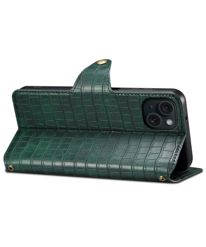 Housse iPhone 15 Plus Portefeuille avec Texture Crocodile