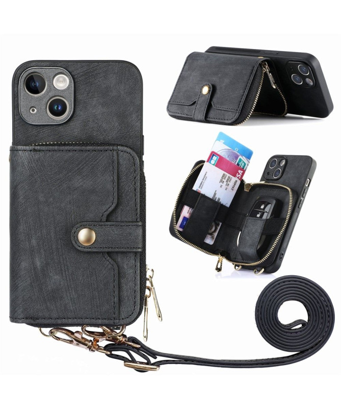 Coque iPhone 15 Plus Portefeuille à Cordon