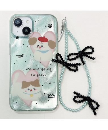 Coque iPhone 15 Love Pets avec Chaîne Perlée