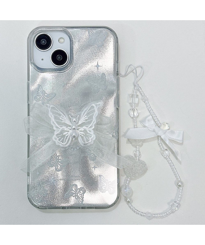 Coque iPhone 15 Papillon Argenté avec Lanière à Main