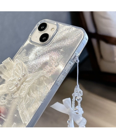 Coque iPhone 15 Papillon Argenté avec Lanière à Main