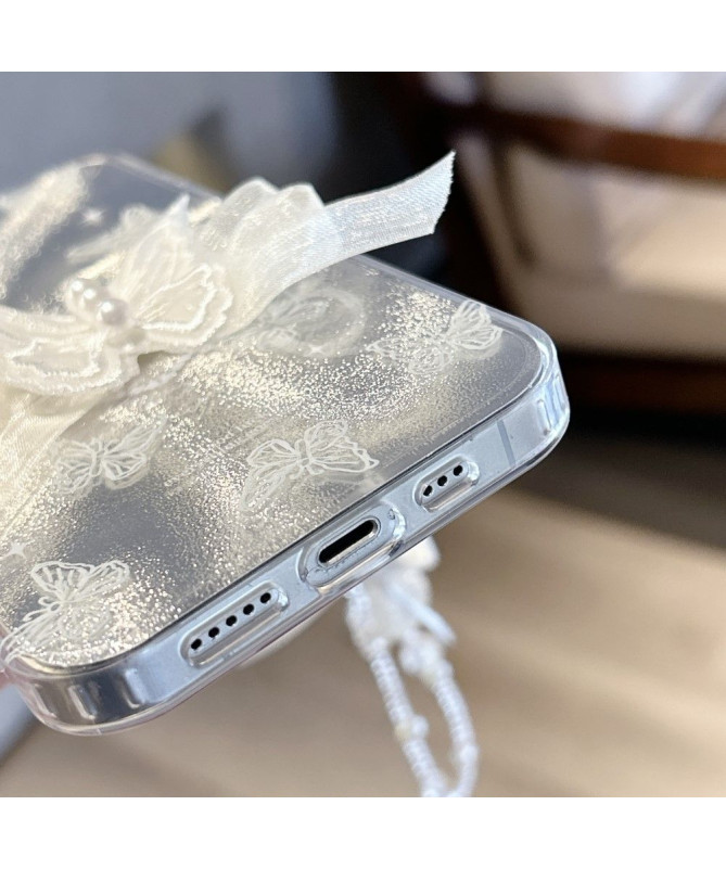 Coque iPhone 15 Papillon Argenté avec Lanière à Main