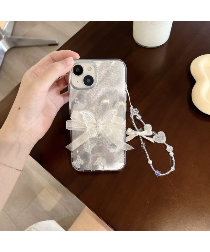 Coque iPhone 15 Papillon Argenté avec Lanière à Main