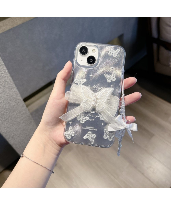 Coque iPhone 15 Papillon Argenté avec Lanière à Main