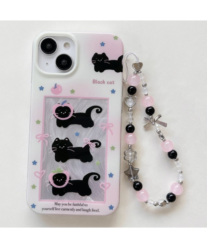 Coque iPhone 15 Chat Noir avec Bracelet Perlé