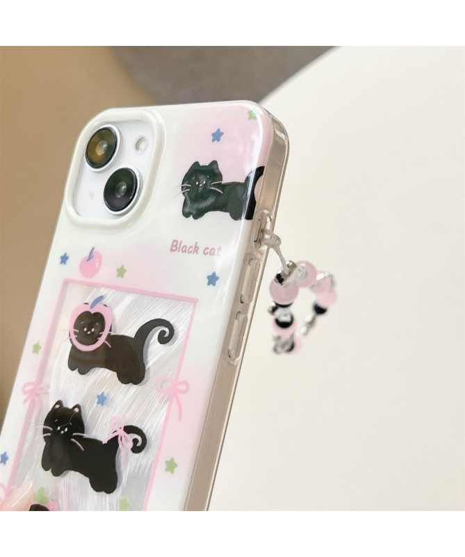 Coque iPhone 15 Chat Noir avec Bracelet Perlé