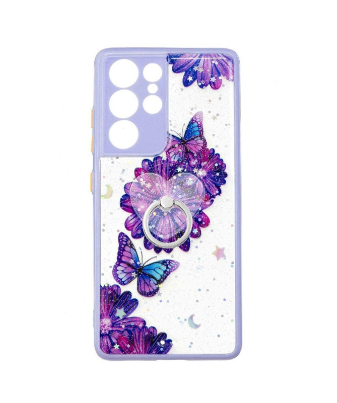 Coque Samsung Galaxy S21 Ultra 5G fleurs et papillons violets avec anneau