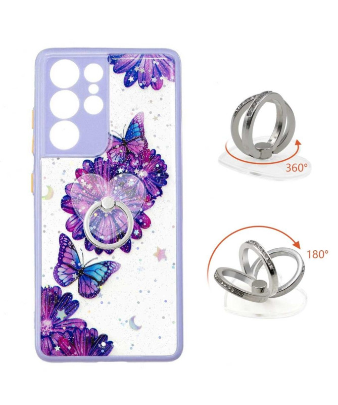 Coque Samsung Galaxy S21 Ultra 5G fleurs et papillons violets avec anneau