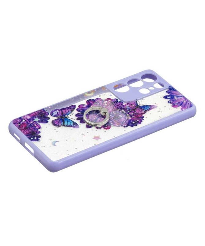 Coque Samsung Galaxy S21 Ultra 5G fleurs et papillons violets avec anneau