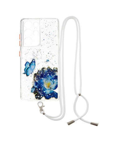 Coque à cordon Samsung Galaxy S21 Ultra 5G fleurs et papillons bleus