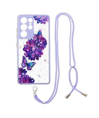 Coque à cordon Samsung Galaxy S21 Ultra 5G fleurs et papillons violets