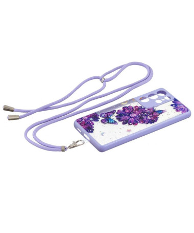 Coque à cordon Samsung Galaxy S21 Ultra 5G fleurs et papillons violets