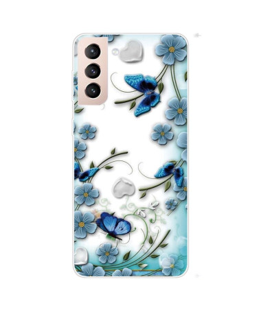 Coque Samsung Galaxy S22 5G papillons et fleurs bleus