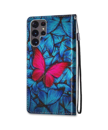 Housse Samsung Galaxy S22 Ultra 5G Papillons bleus et rose