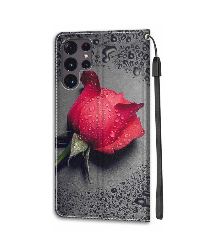 Housse Samsung Galaxy S22 Ultra 5G Rose rouge gouttes d'eau