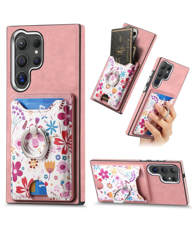 Coque Galaxy S24 Ultra porte-cartes à fleurs avec support anneau