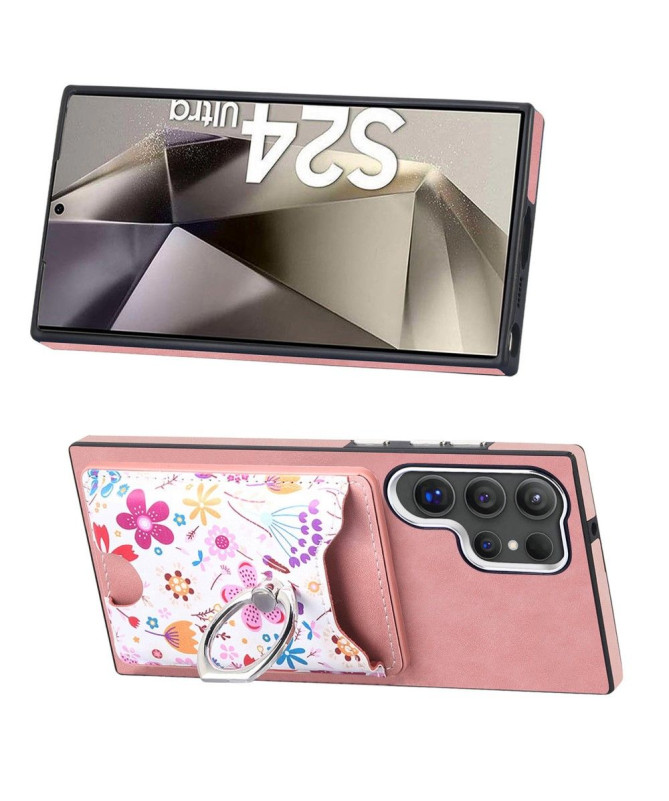 Coque Galaxy S24 Ultra porte-cartes à fleurs avec support anneau