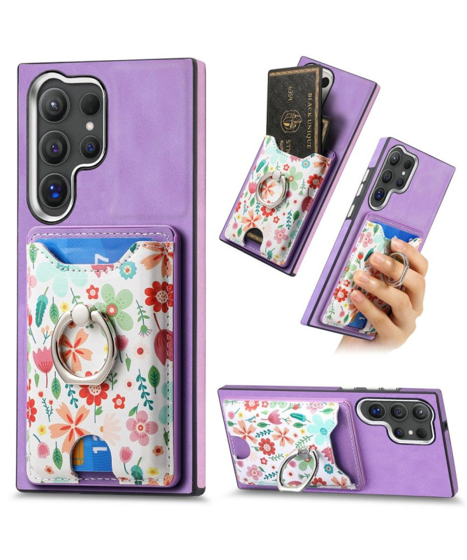 Coque Galaxy S24 Ultra porte-cartes à fleurs avec support anneau