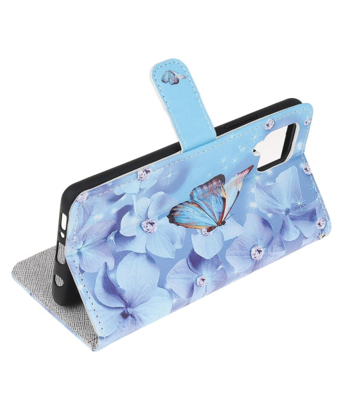 Housse Samsung Galaxy M32 Papillon et fleurs bleues