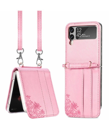 Coque Samsung Galaxy Z Flip3 5G Porte-Cartes Fleurs à Cordon