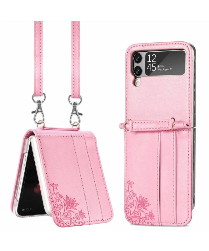 Coque Samsung Galaxy Z Flip3 5G Porte-Cartes Fleurs à Cordon