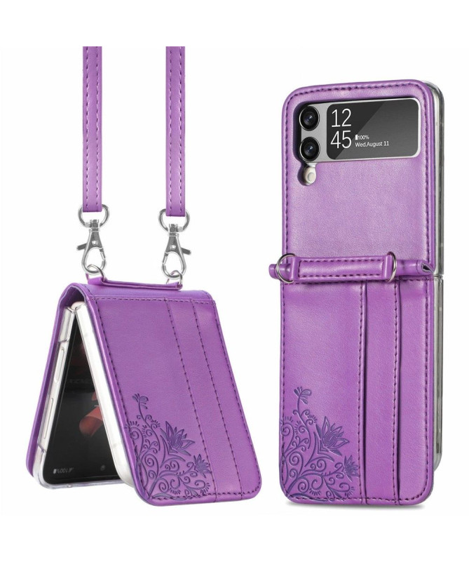 Coque Samsung Galaxy Z Flip3 5G Porte-Cartes Fleurs à Cordon