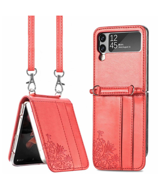 Coque Samsung Galaxy Z Flip3 5G Porte-Cartes Fleurs à Cordon