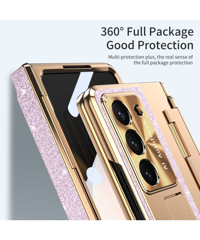 Coque Samsung Galaxy Z Fold 5 Paillettes avec Support et Film en Verre Trempé