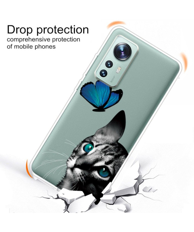 Coque Xiaomi 12 Pro Chat Papillon Bleu