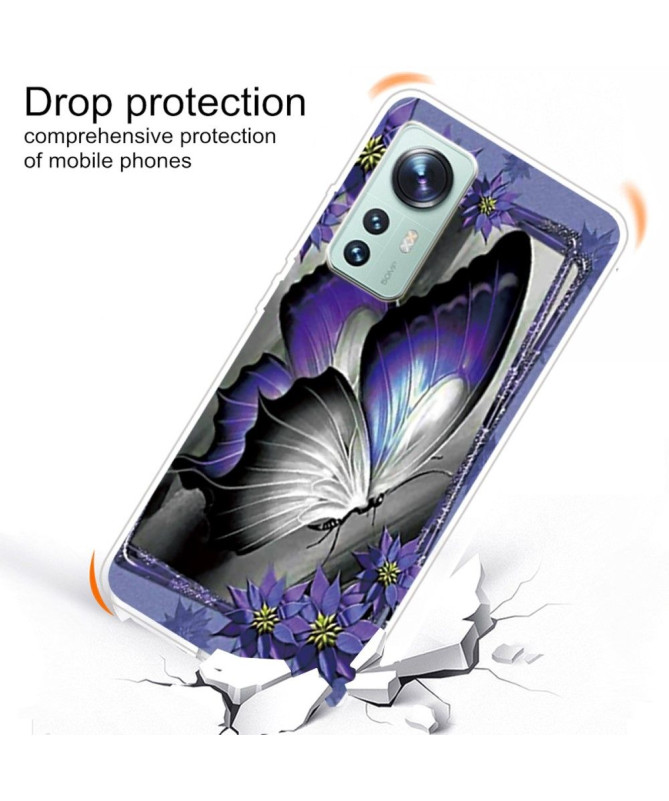 Coque Xiaomi 12 Pro Papillon Gris et Violet