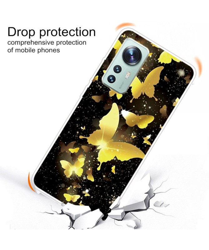 Coque Xiaomi 12 Pro illustration papillons dorés