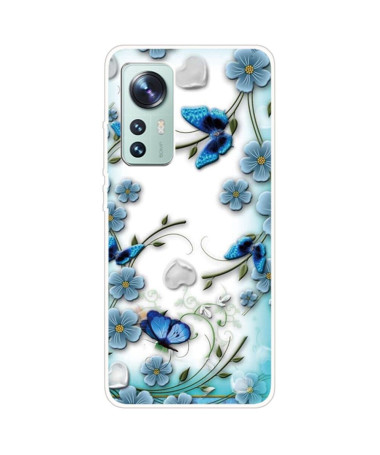 Coque Xiaomi 12 / 12X Papillons et fleurs bleus