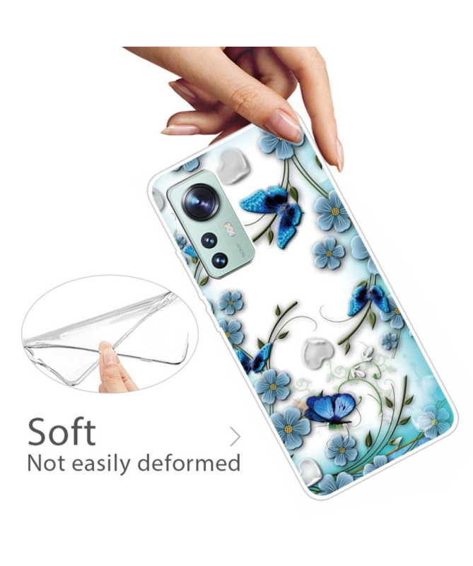 Coque Xiaomi 12 / 12X Papillons et fleurs bleus