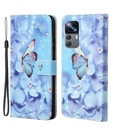 Housse Xiaomi 12T / 12T Pro Papillon et fleurs bleues