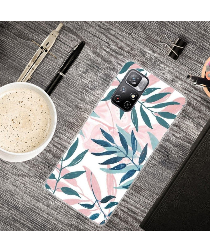 Coque Xiaomi Poco M4 Pro 5G Feuilles Vertes et Roses