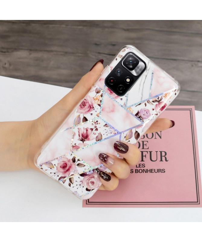 Coque Poco M4 Pro 5G silicone marbre et fleurs