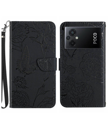 Housse Xiaomi Poco M5 Illustration Papillon et Fleurs à Lanière