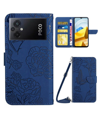 Housse Xiaomi Poco M5 Illustration Papillon et Fleurs à Sangle