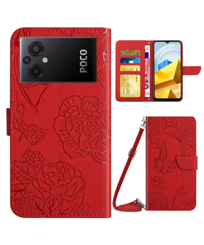 Housse Xiaomi Poco M5 Illustration Papillon et Fleurs à Sangle