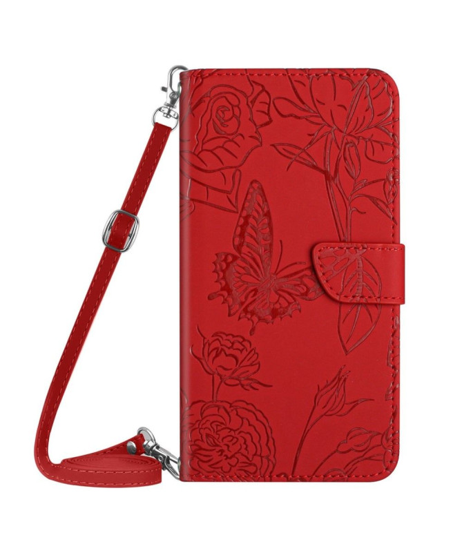 Housse Xiaomi Poco M5 Illustration Papillon et Fleurs à Sangle