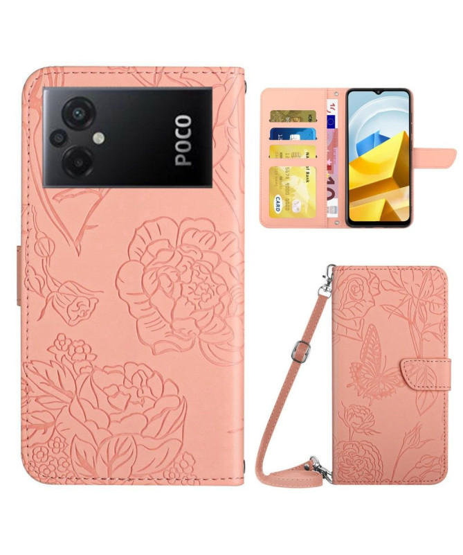 Housse Xiaomi Poco M5 Illustration Papillon et Fleurs à Sangle