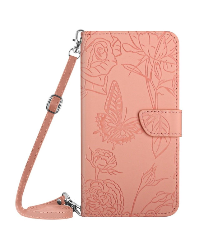 Housse Xiaomi Poco M5 Illustration Papillon et Fleurs à Sangle