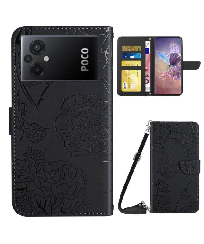 Housse Xiaomi Poco M5 Illustration Papillon et Fleurs à Sangle