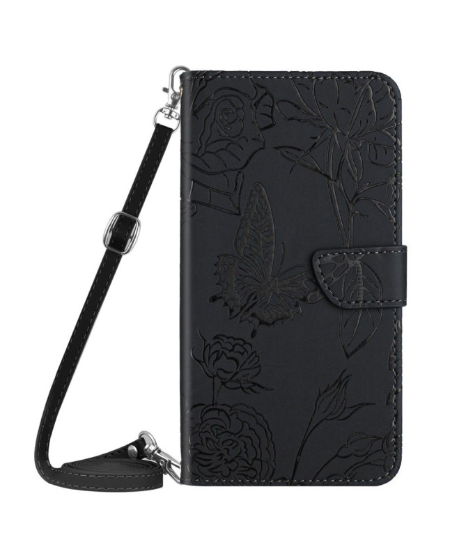 Housse Xiaomi Poco M5 Illustration Papillon et Fleurs à Sangle